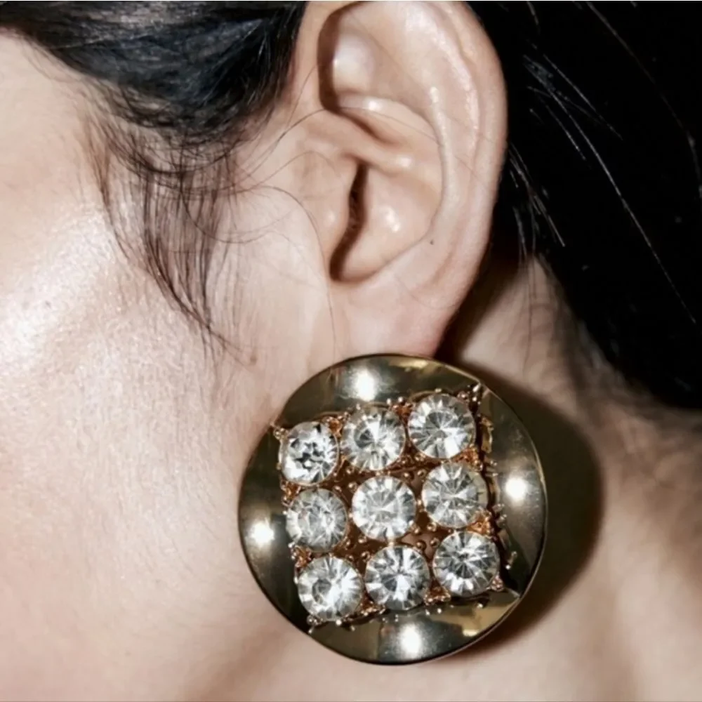 New ZARA  Exaggerated silvertone circular statement earrings with purple rhinest